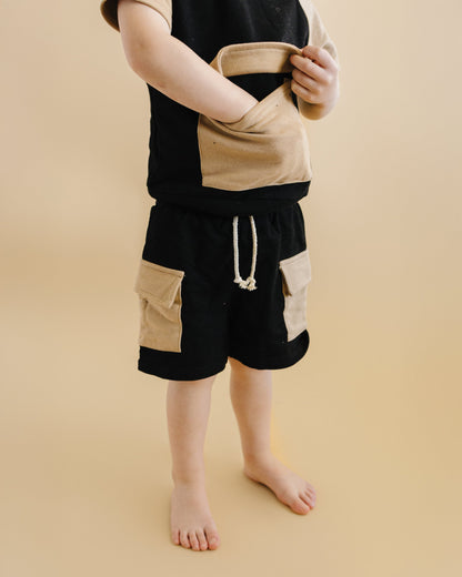 Terry Cargo Shorts Set | Black & Tan