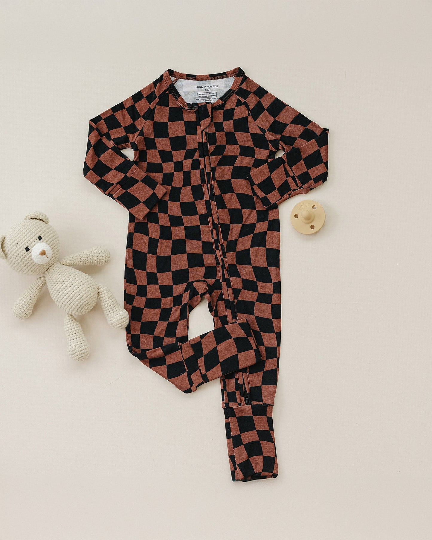 Bamboo Zip Romper | Chocolate Wavy Checkered
