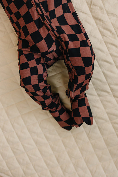 Bamboo Zip Romper | Chocolate Wavy Checkered